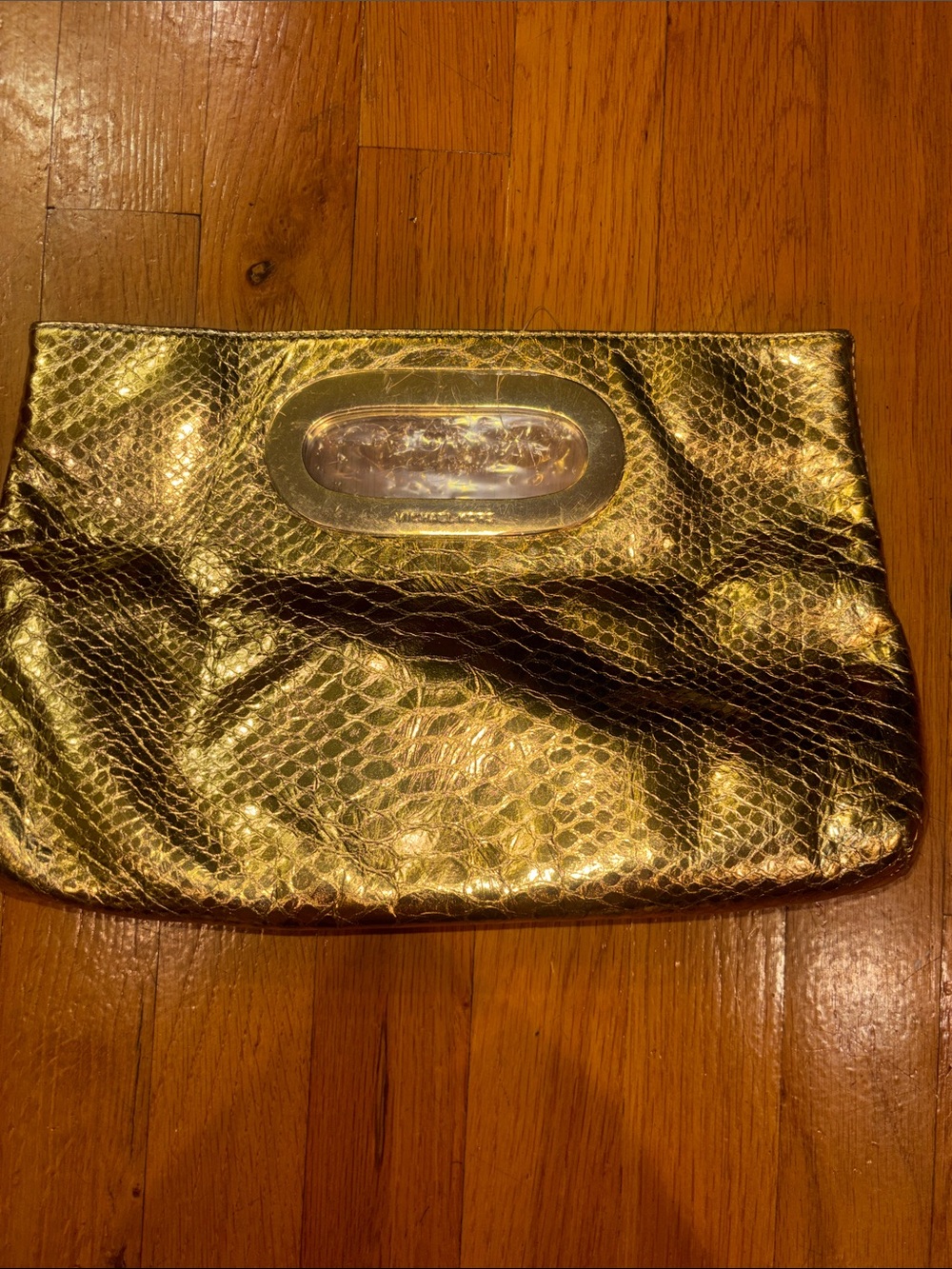 Michael Kors Berkeley Metallic Gold Snakeskin Clutch New